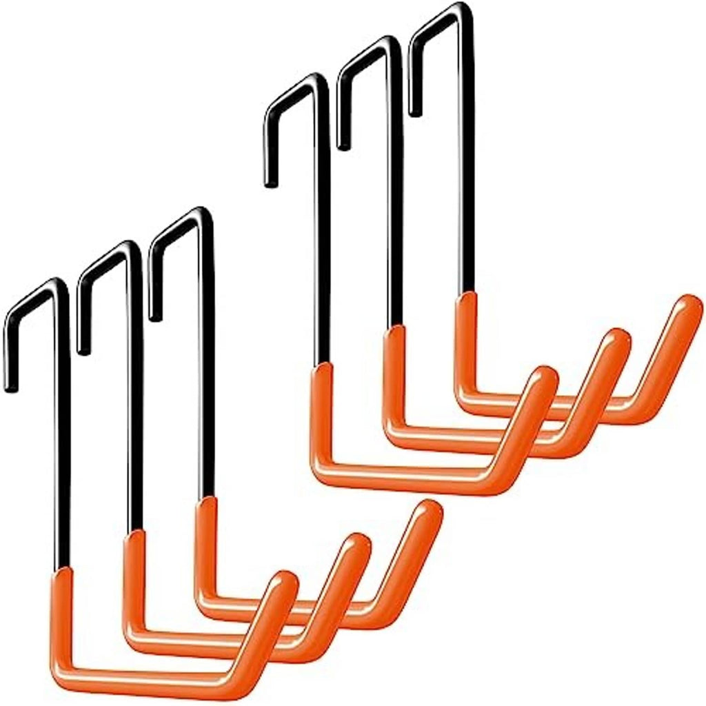 Orange and black bike storage hooks with multiple U-shaped holders for hanging