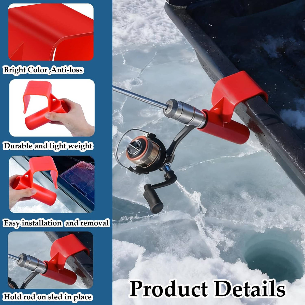 Red plastic ice fishing rod holder clamp with open socket and side mounting