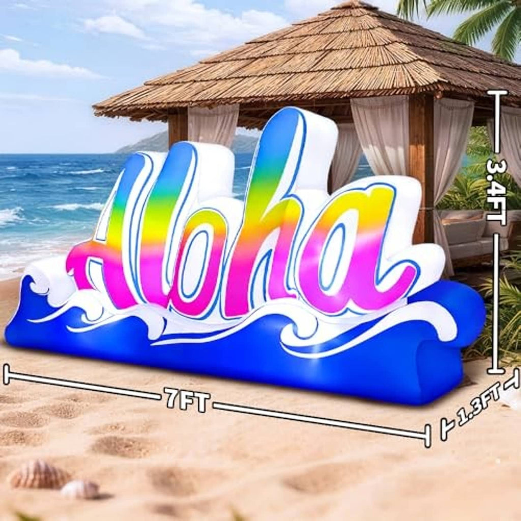 Inflatable Aloha banner sign, 7 ft x 2.3 ft x 3.4 ft dimensions shown