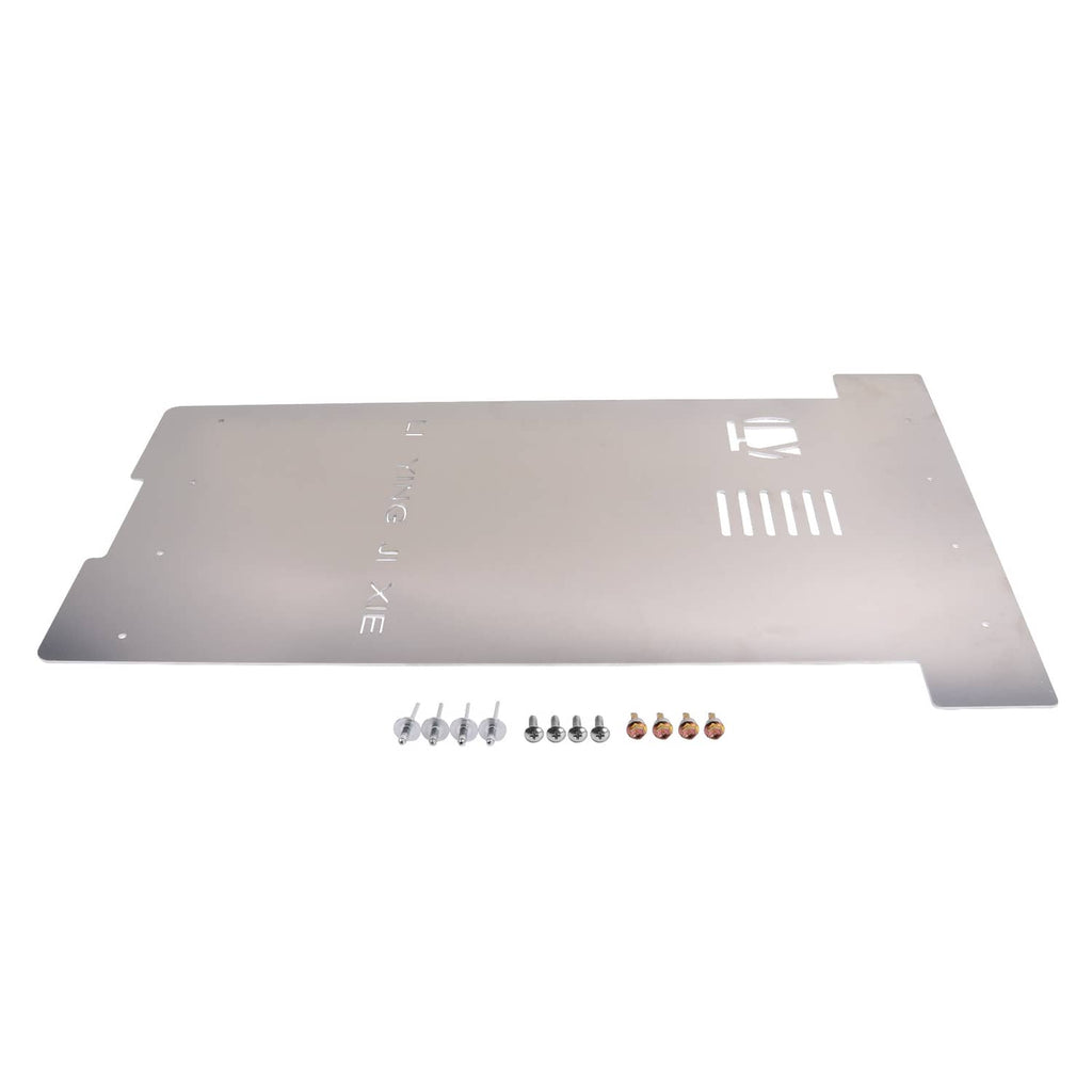 Catalytic converter heat shield plate with vent cutouts and mounting holes; bolts shown below
