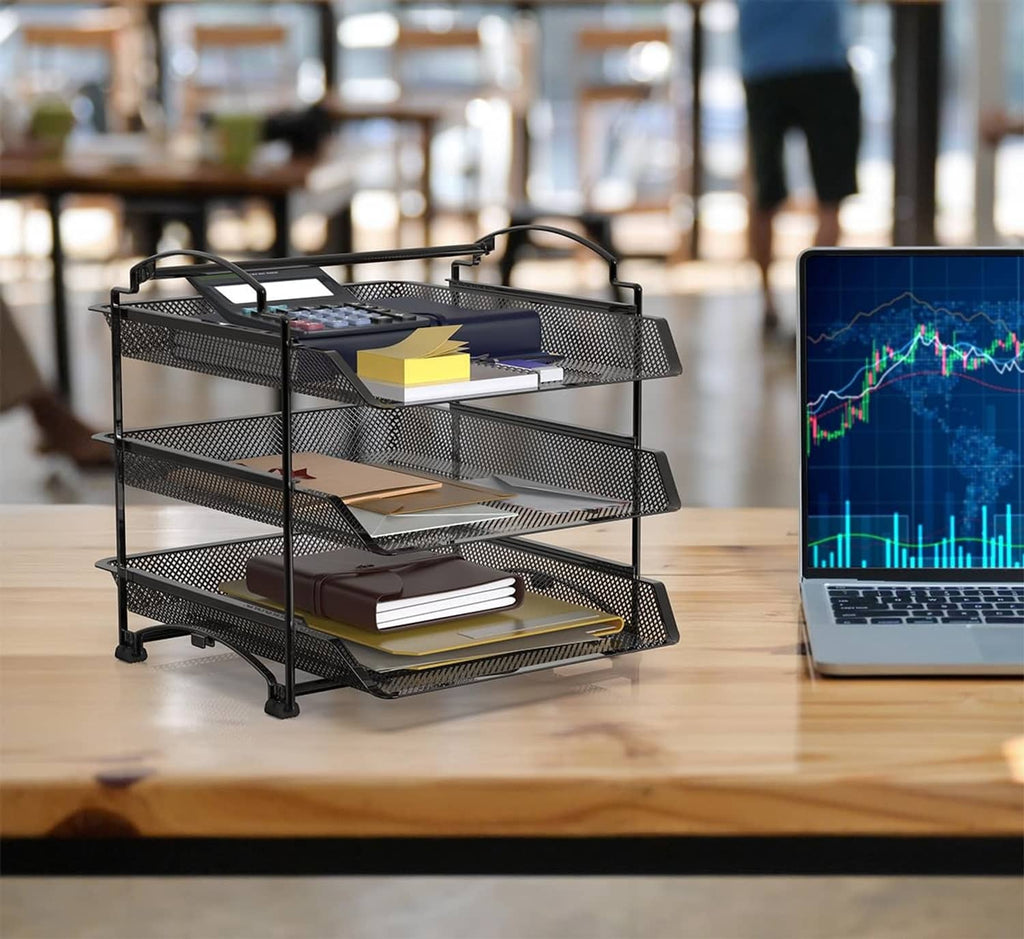 Black mesh 3-tier desktop letter tray organizer with open shelves for documents