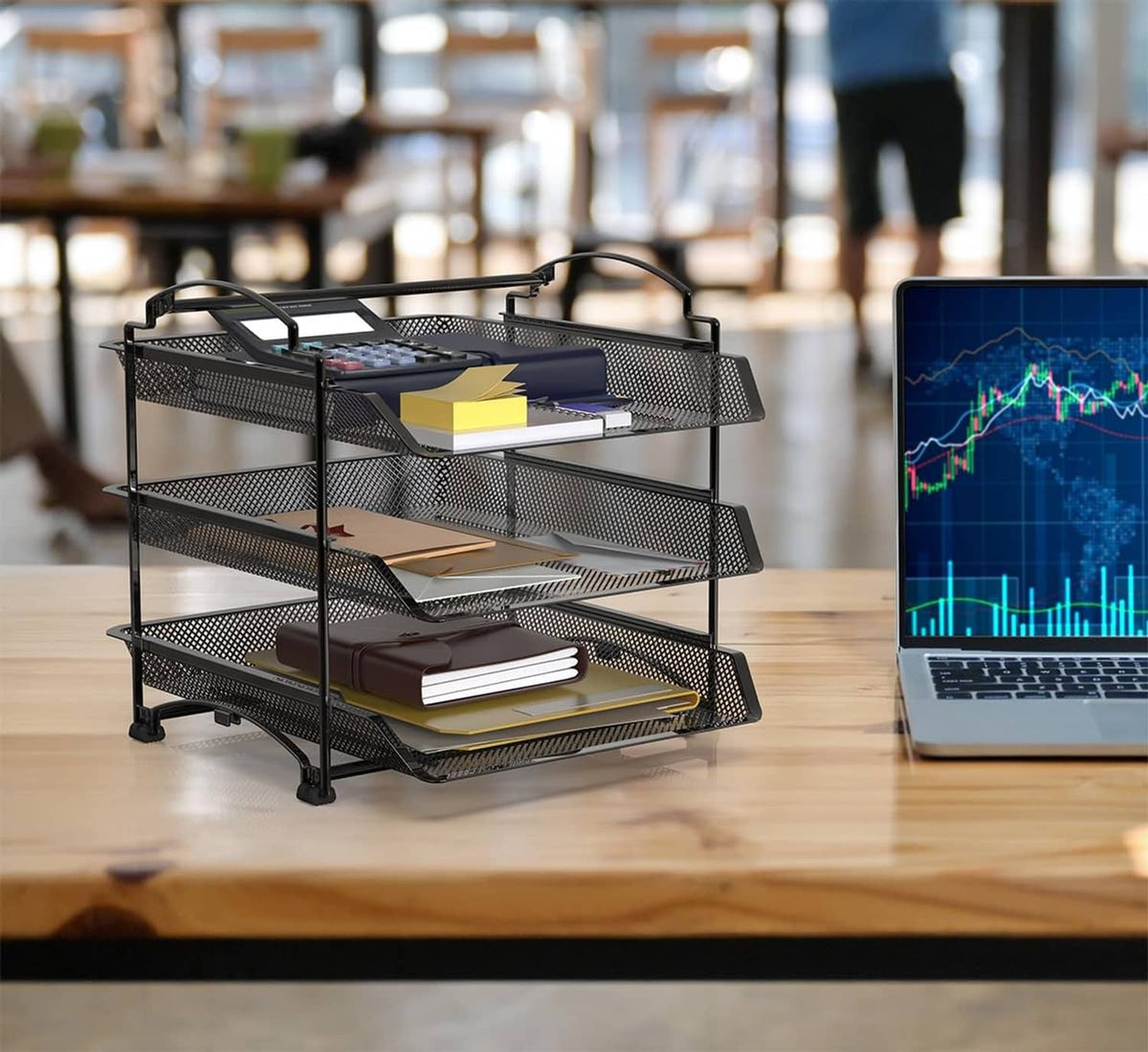 Black mesh 3-tier desktop letter tray organizer with open shelves for documents