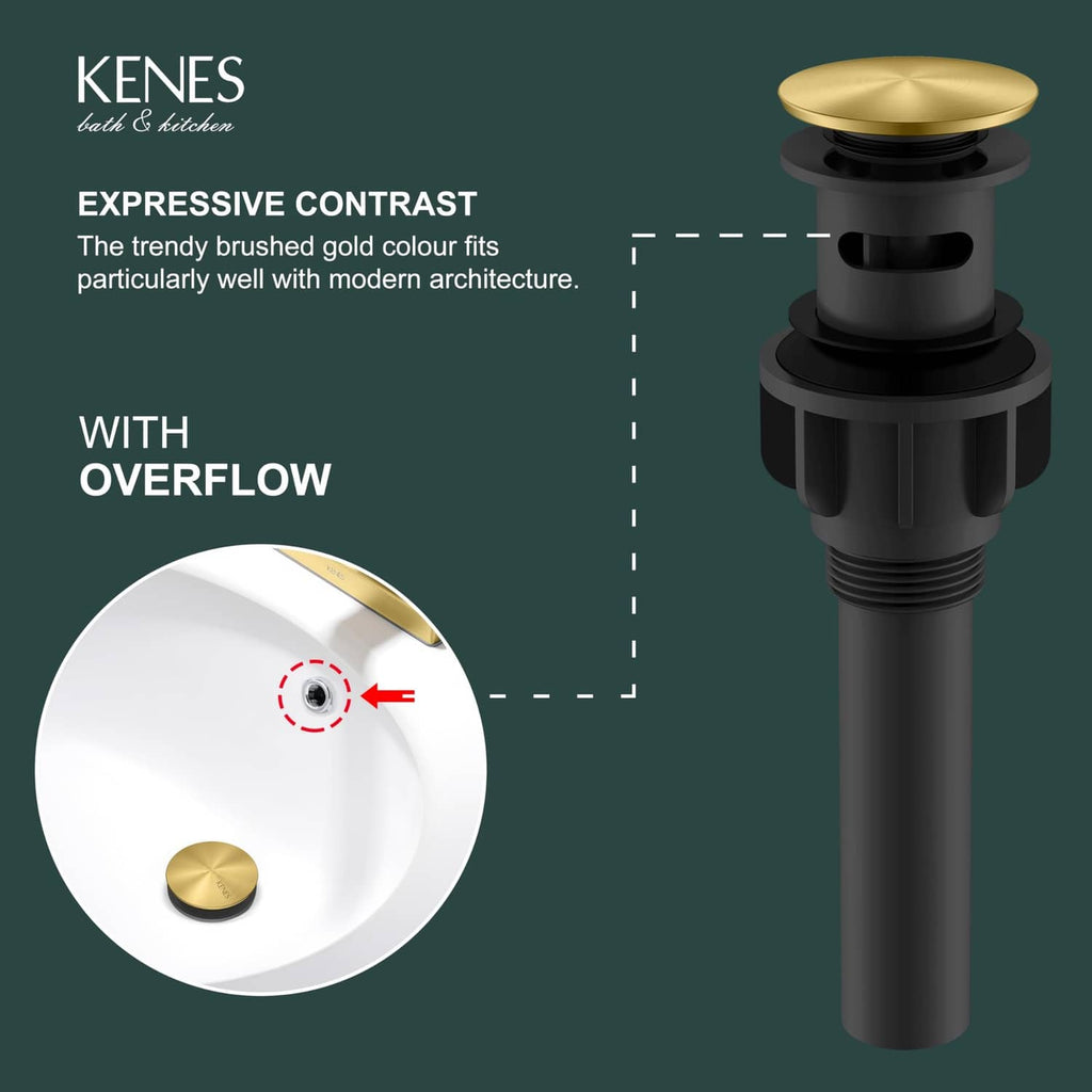 Pop-up bathroom sink drain with brushed gold cap and visible overflow opening