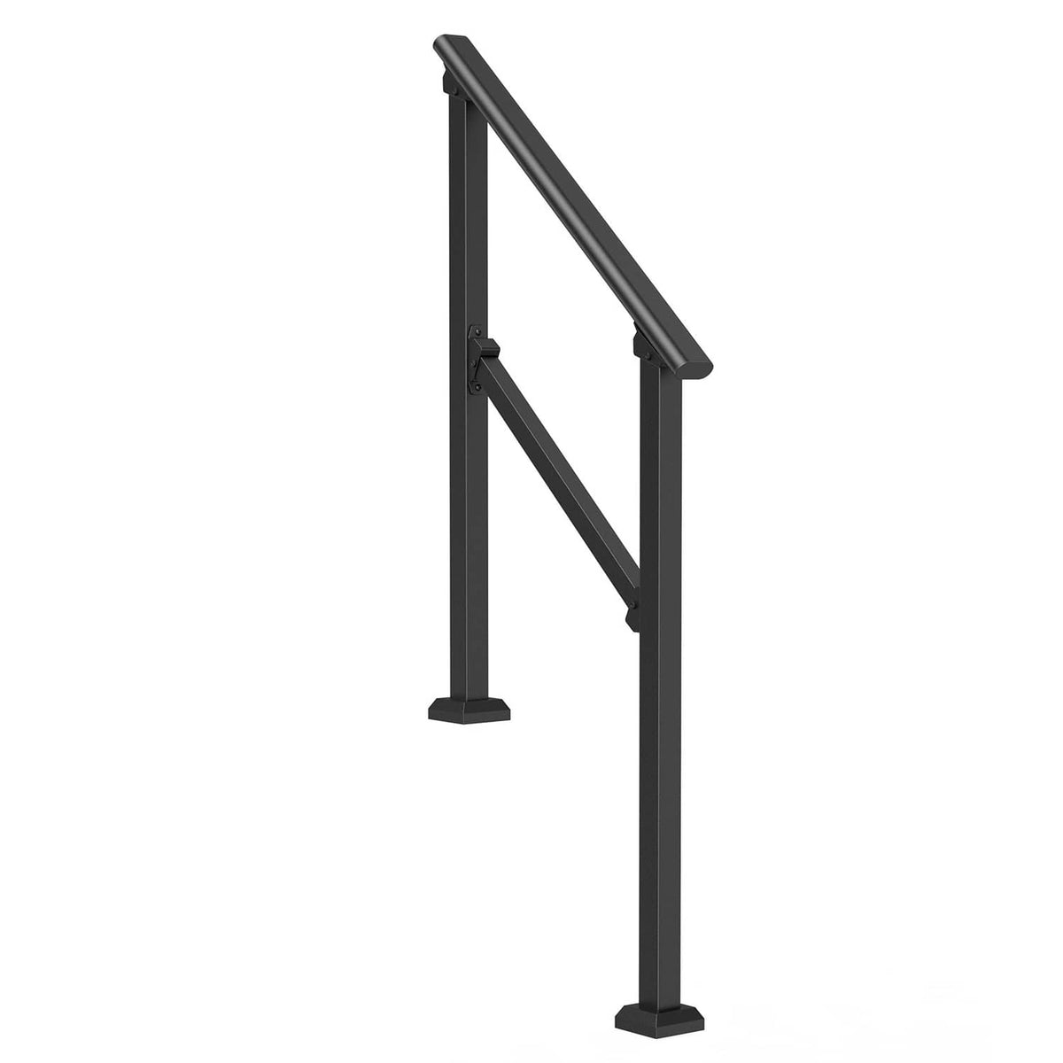 Outdoor iron step handrail railing with vertical posts and top bar, dark finish