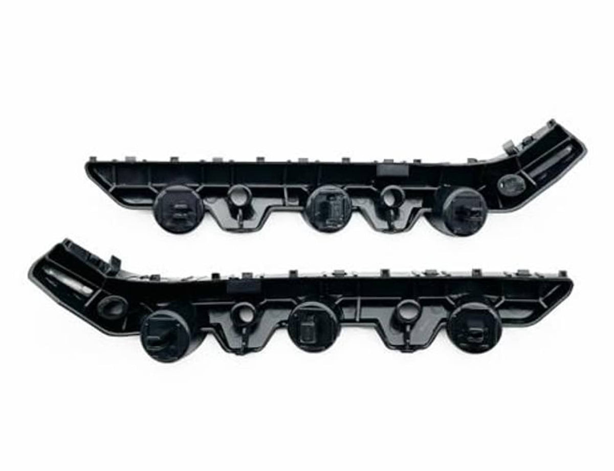 Front bumper support bracket retainers pair, underside view of black plastic mounting points
