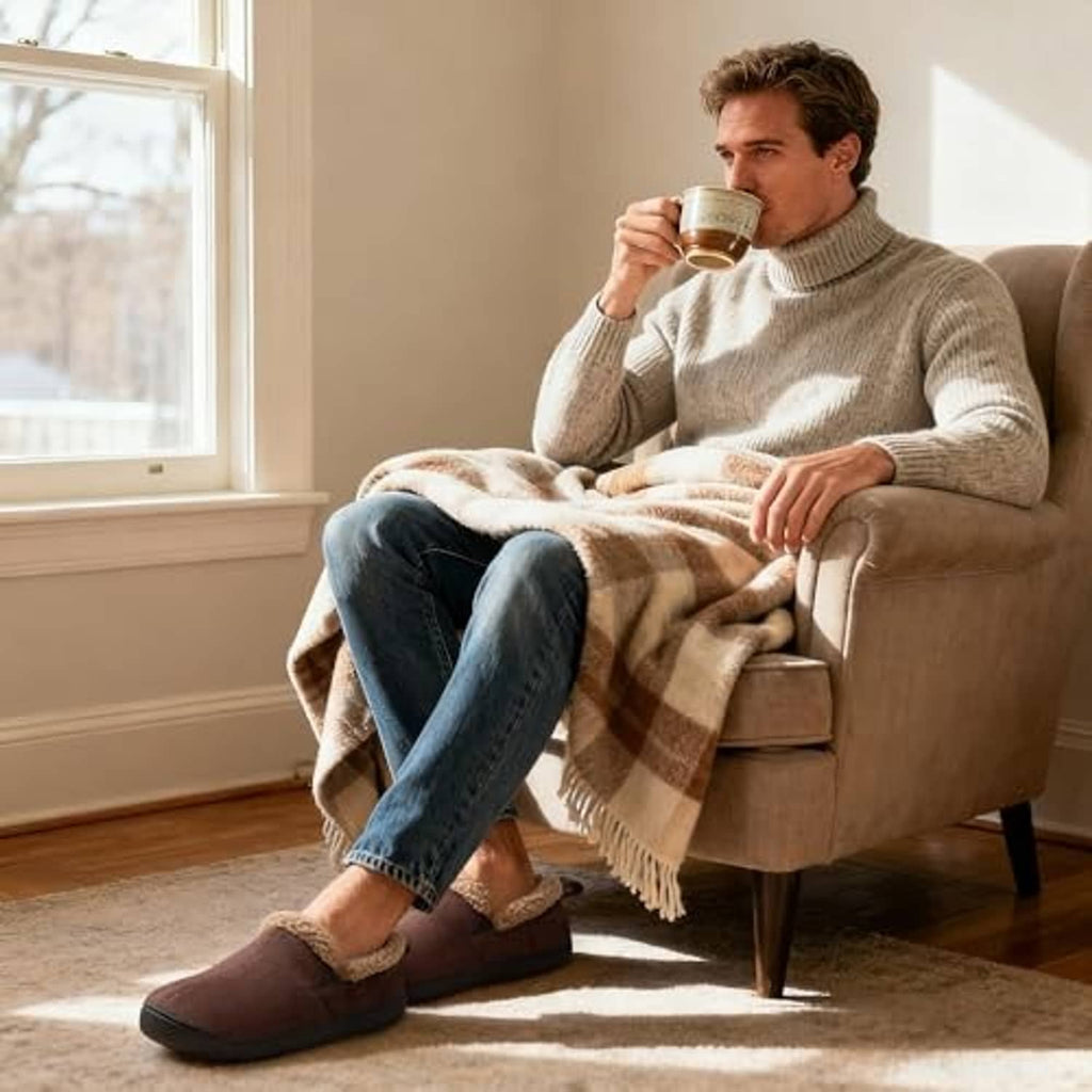 Tan suede bootie slippers worn indoors on carpet, sherpa collar and black sole.