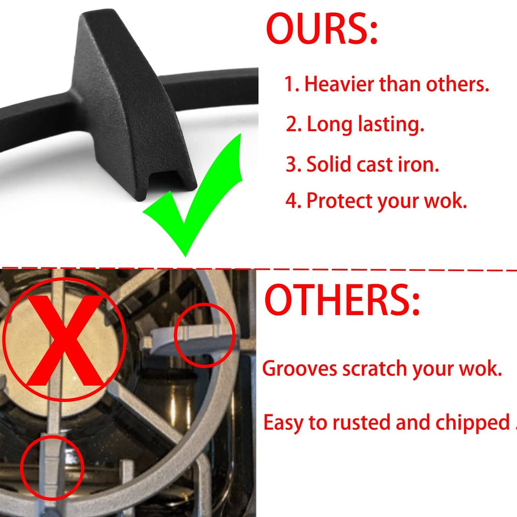 Black cast iron wok ring support with four sturdy raised tabs