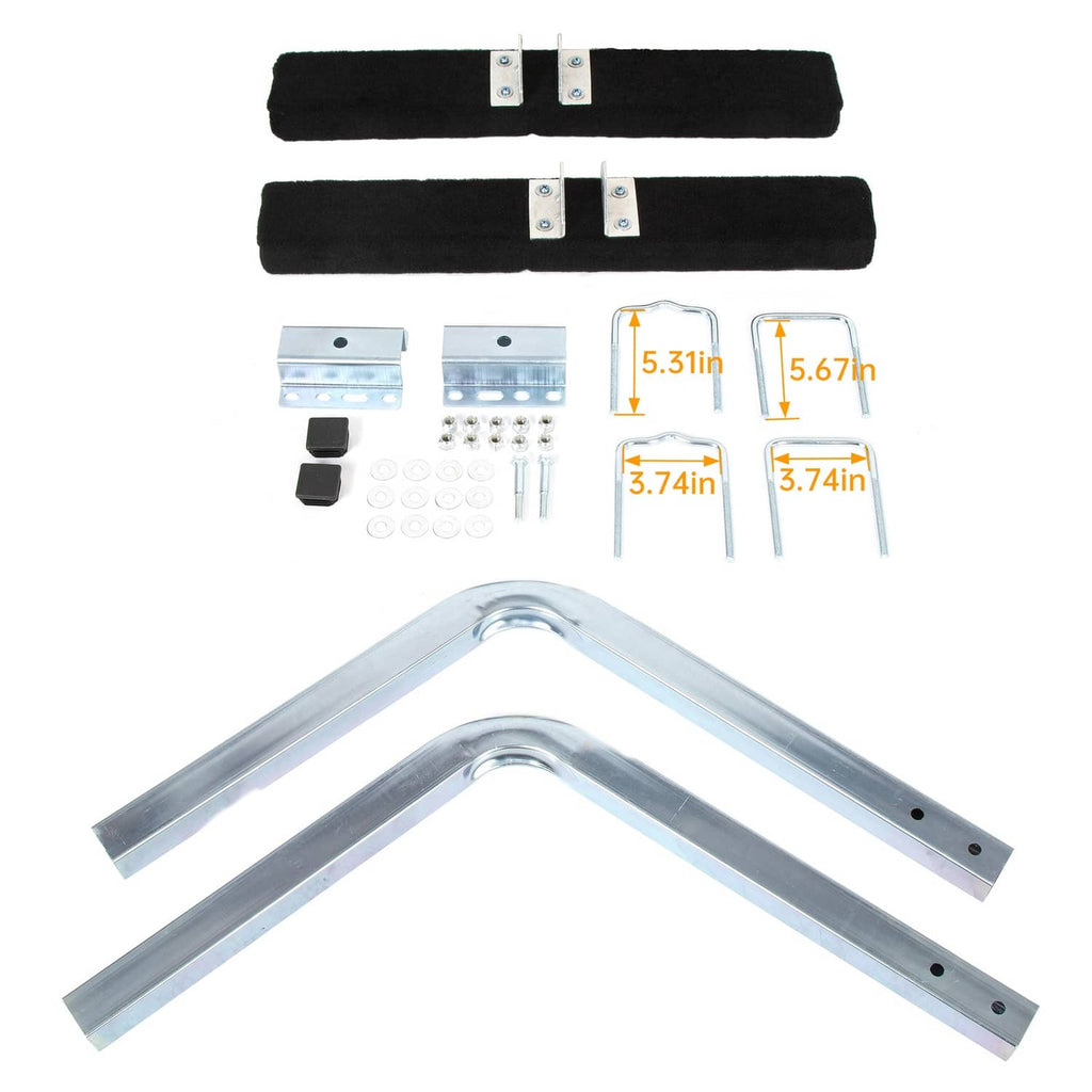 Two carpeted boat trailer guide boards with steel angle brackets and mounting hardware