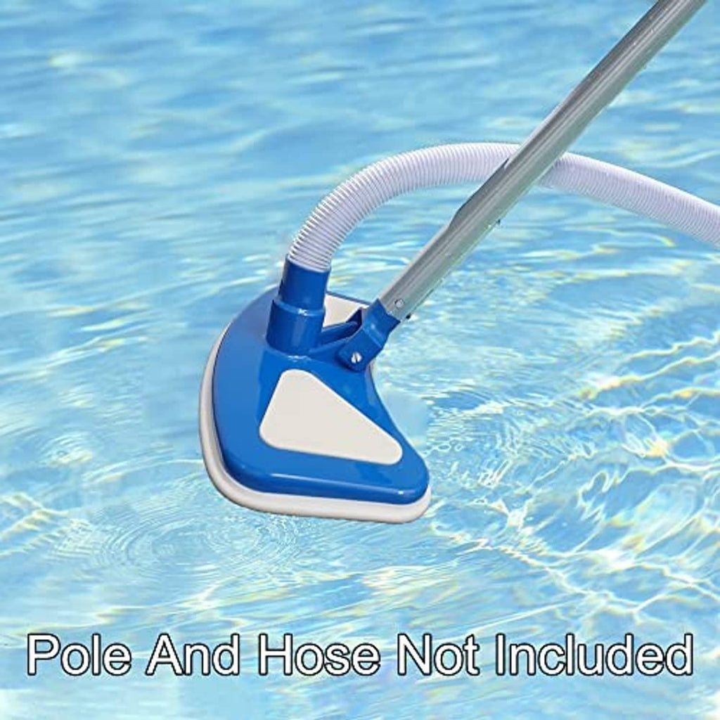 Blue pool vacuum head with white brush pad and connected hose over pool water