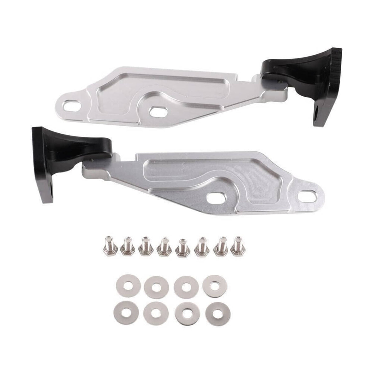Quick-release hood latch set with silver hinge brackets and mounting hardware