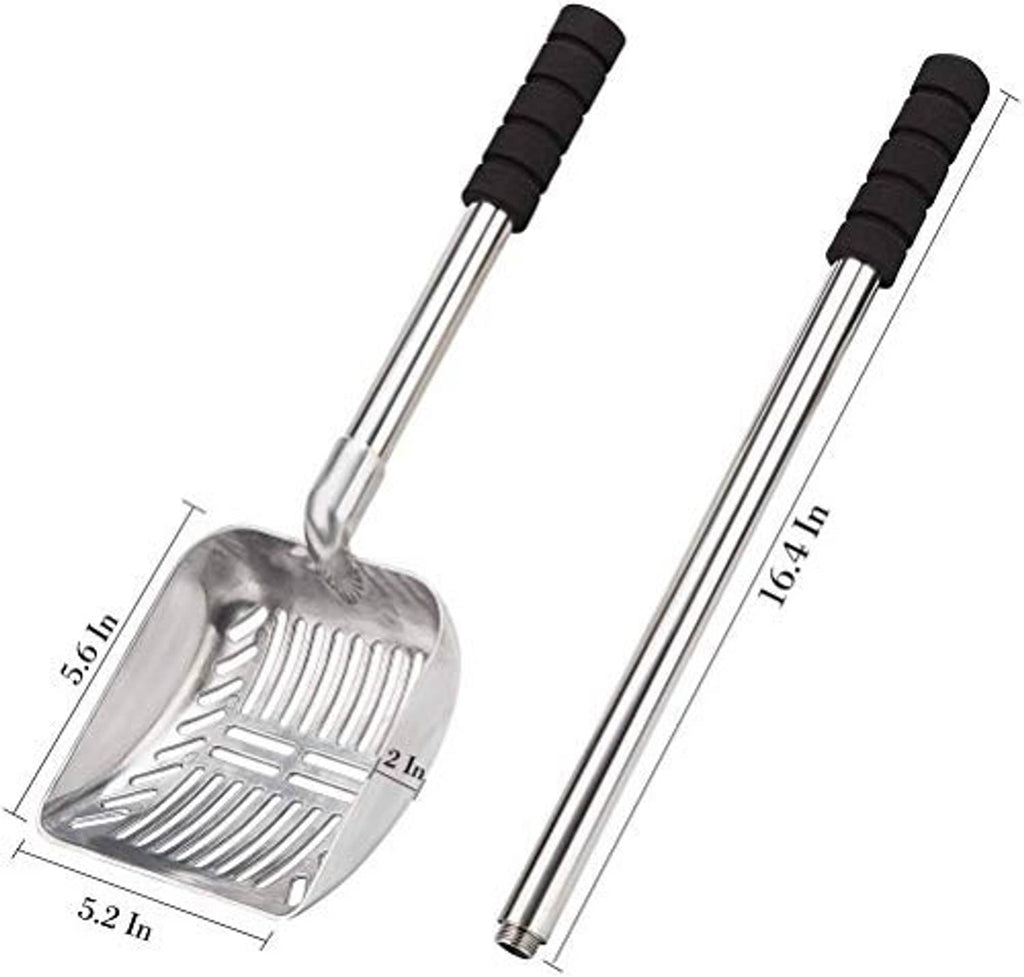 Metal litter scoop with black-grip handle and square sifting pan, size labeled