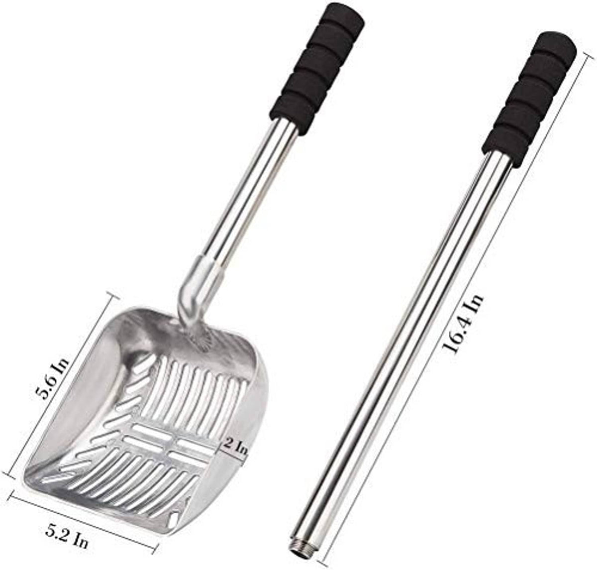 Metal litter scoop with black-grip handle and square sifting pan, size labeled