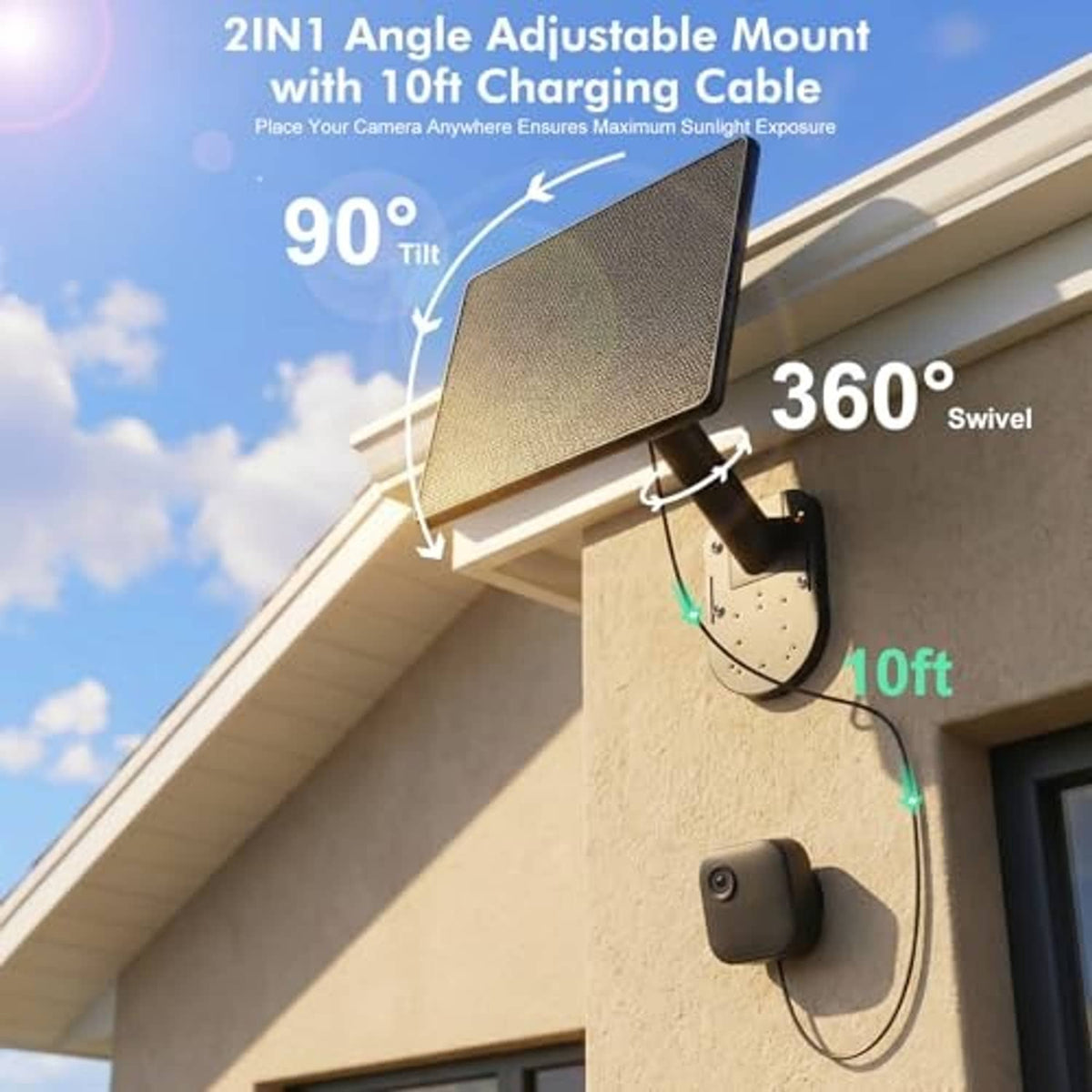 Angle-adjustable black solar panel mount with charging cable on an exterior wall