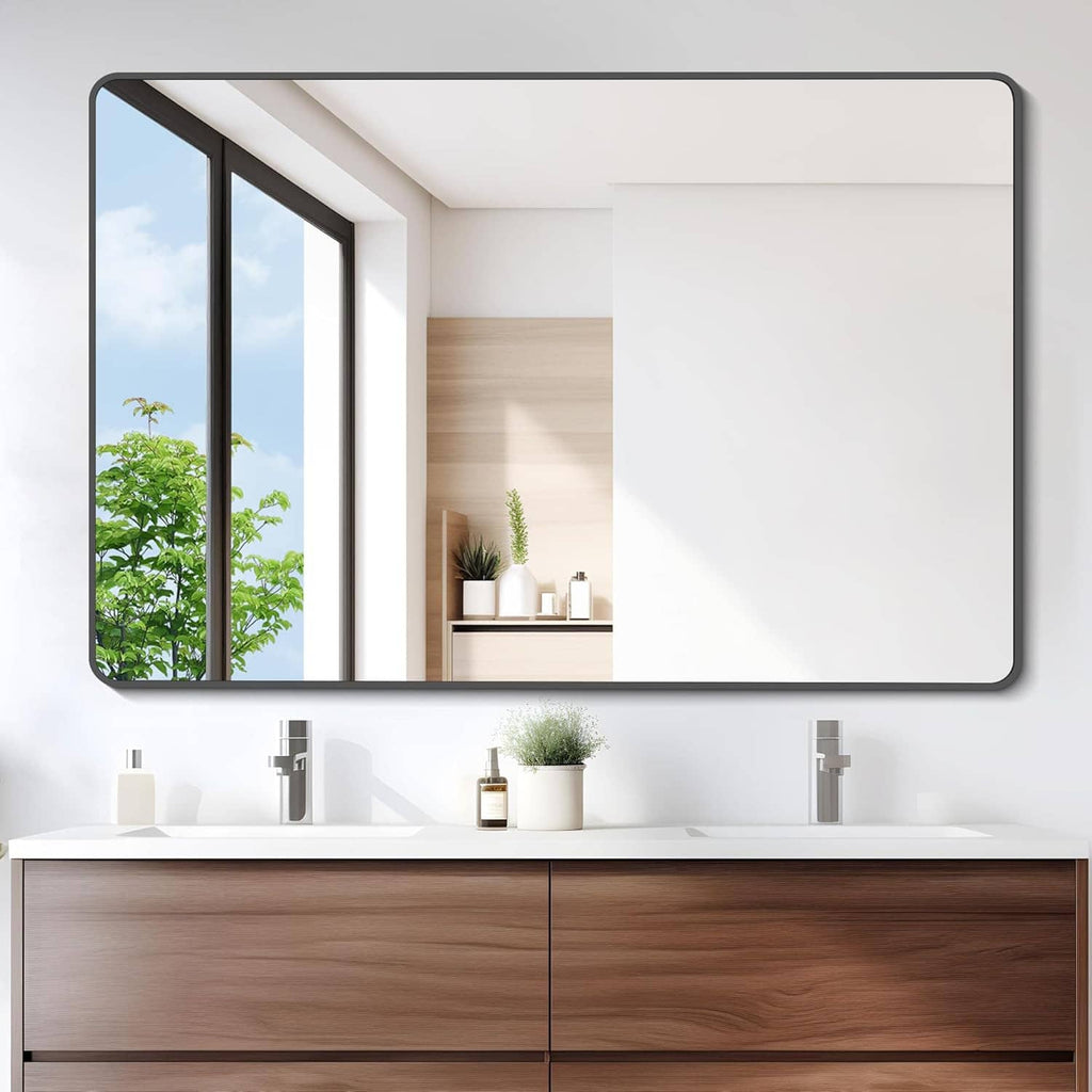 Rectangular matte black bathroom wall mirror with slim metal frame
