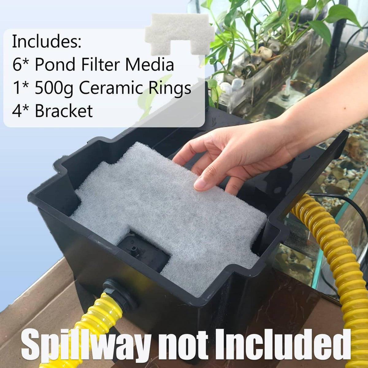 Pond filter media kit: white pads, 500g ceramic rings, and mounting brackets