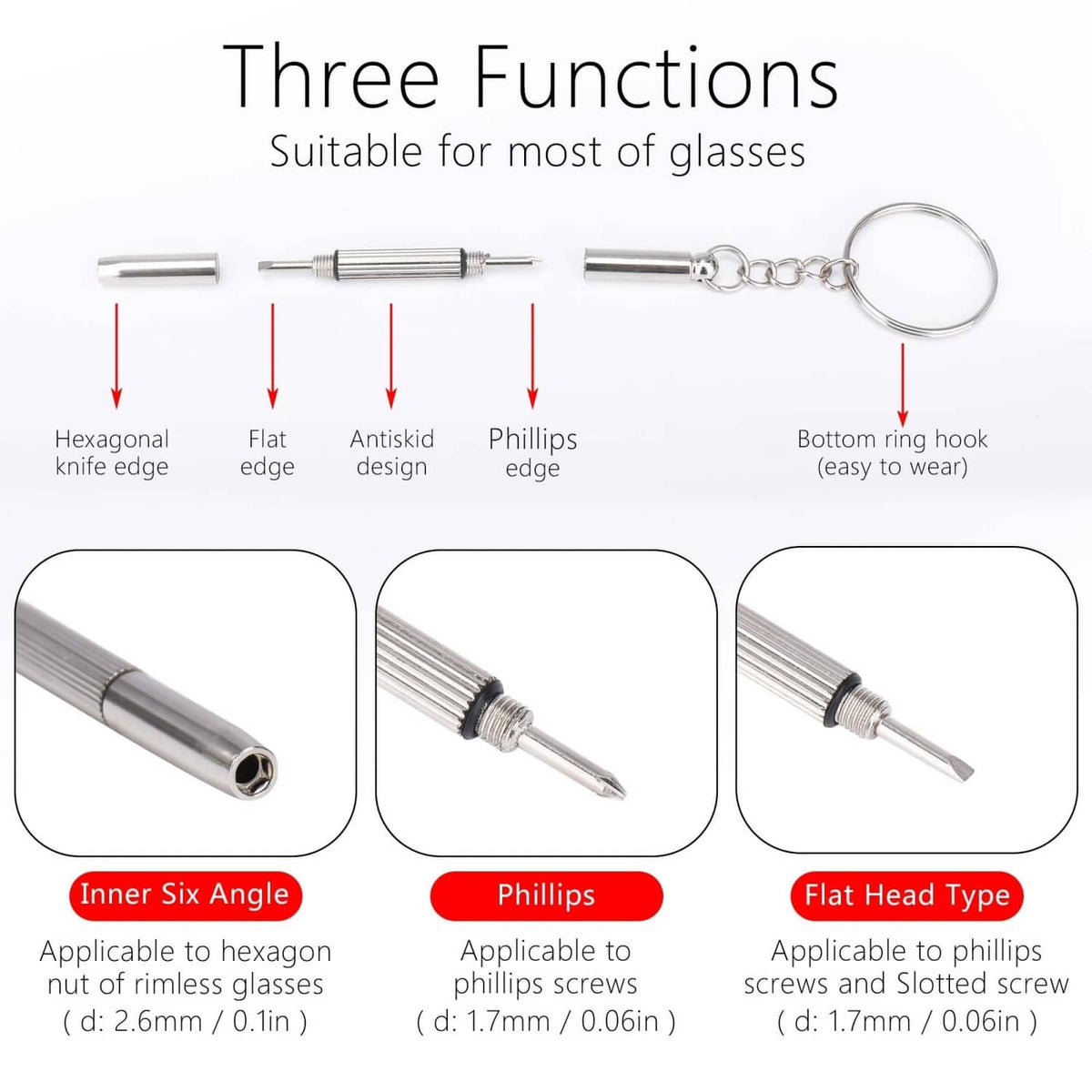 Multi-bit screwdriver keychain with hex, flat, Phillips heads for nose pad screws