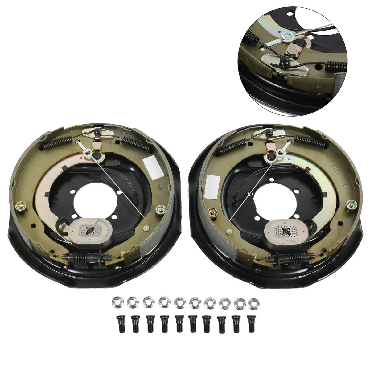 Pair of electric trailer brake assemblies with mounting hardware, black and gold