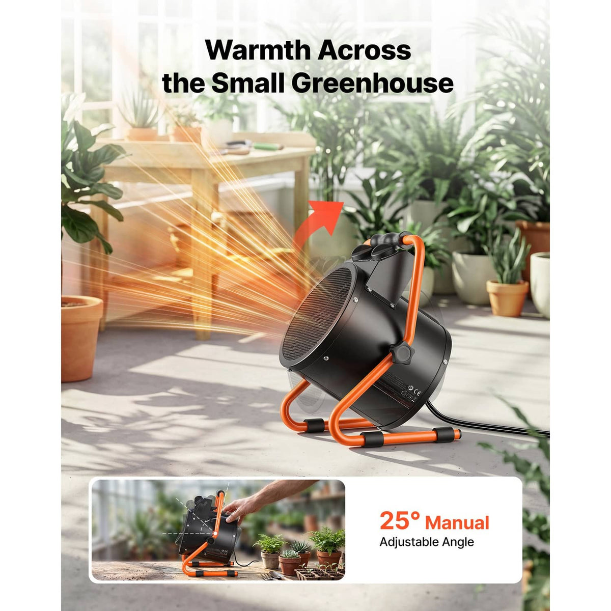Portable electric greenhouse heater with orange handle and black front fan grille