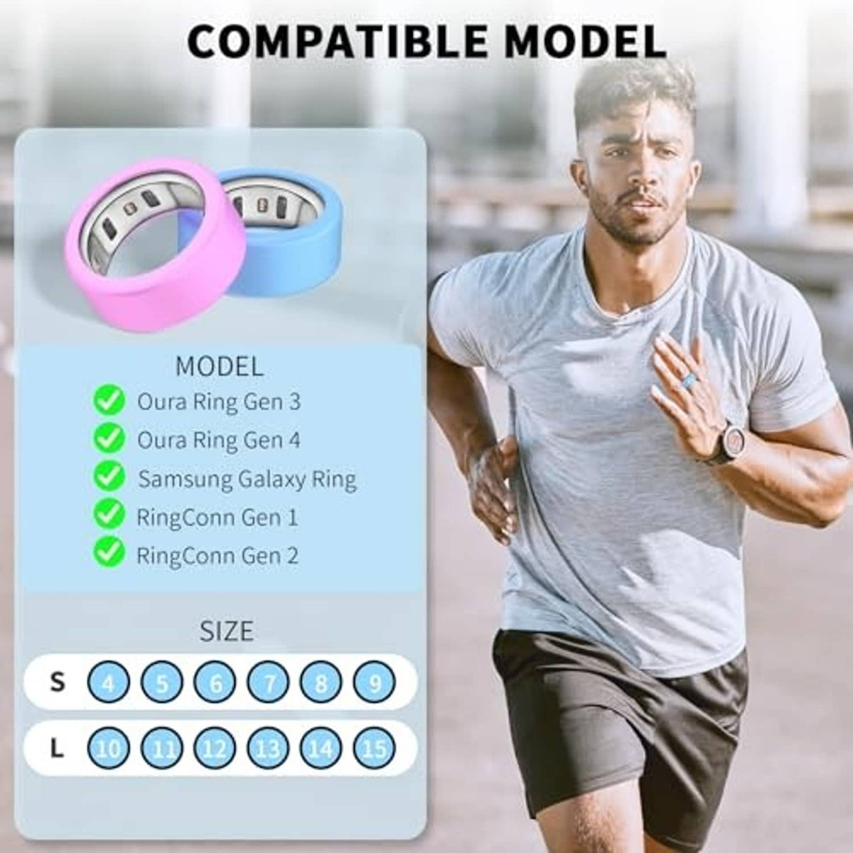 Silicone smart ring cover pair with visible sensor window in pink and light blue