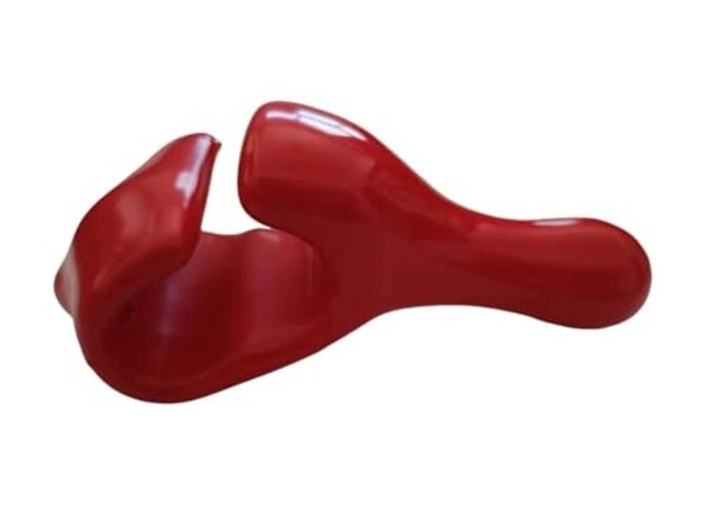 Red rubber-coated bead keeper tool, curved handle with two prongs