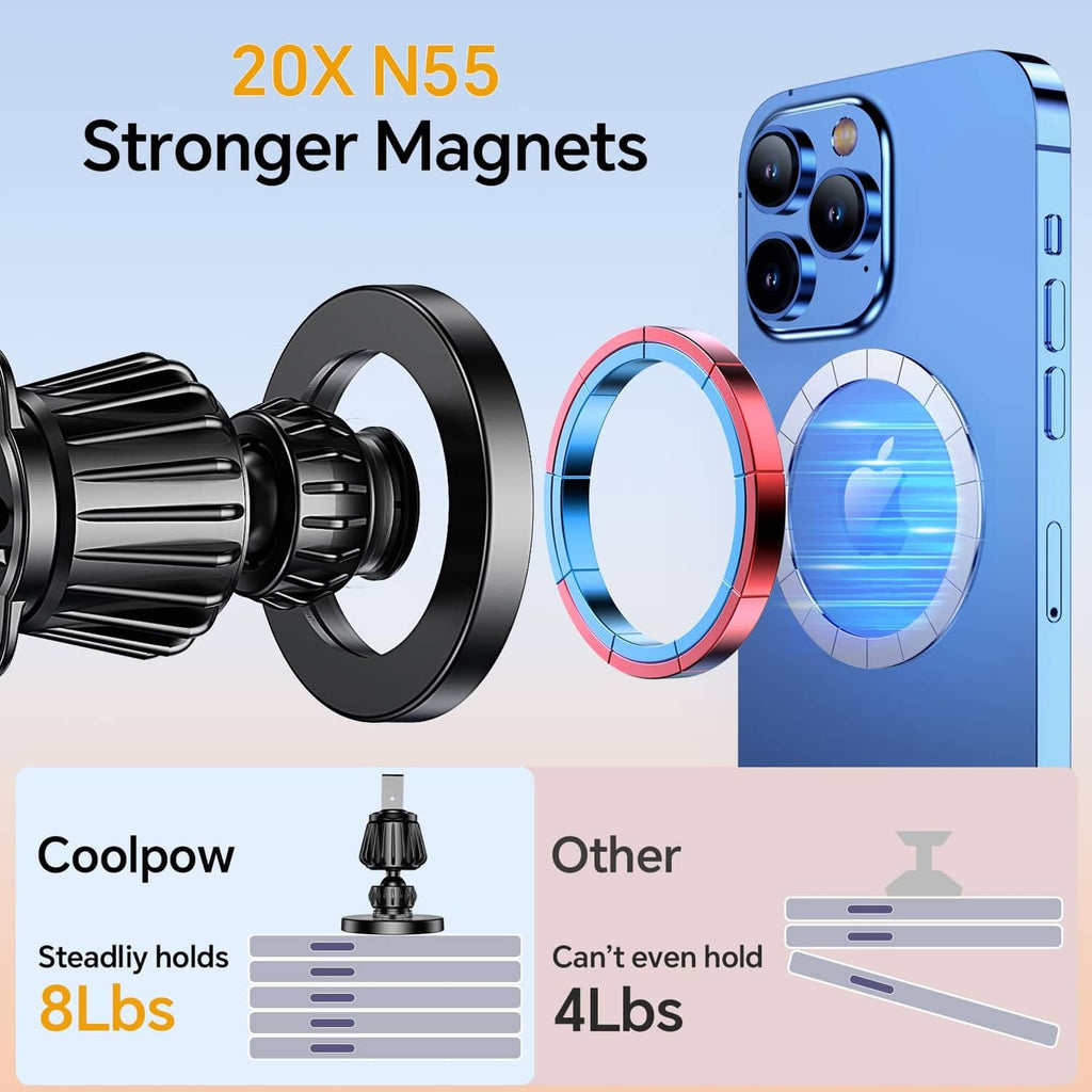 Black MagSafe car mount with circular magnet disc and secure phone ring