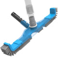 Blue pool brush vacuum head with gray bristles and swivel hose connection