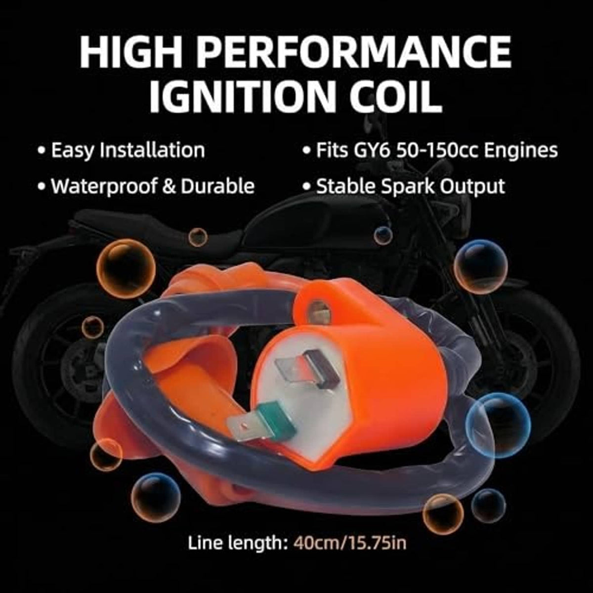 Orange high-performance ignition coil module with spark plug lead and electrical connectors
