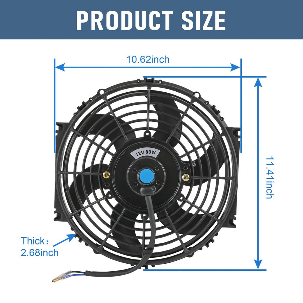 10-inch electric radiator cooling fan with front grille and blue center label