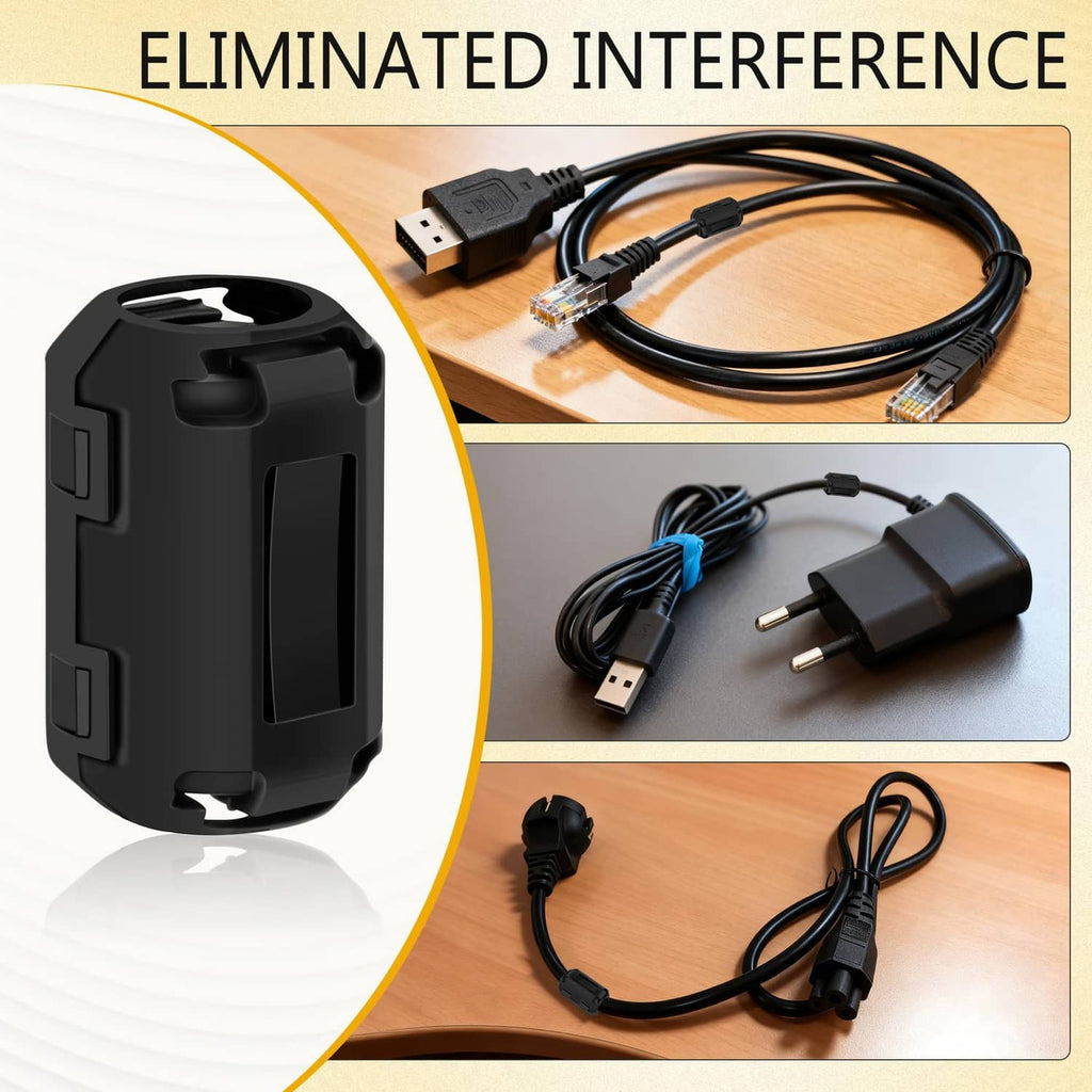 Black snap-on ferrite choke bead installed on a USB cable