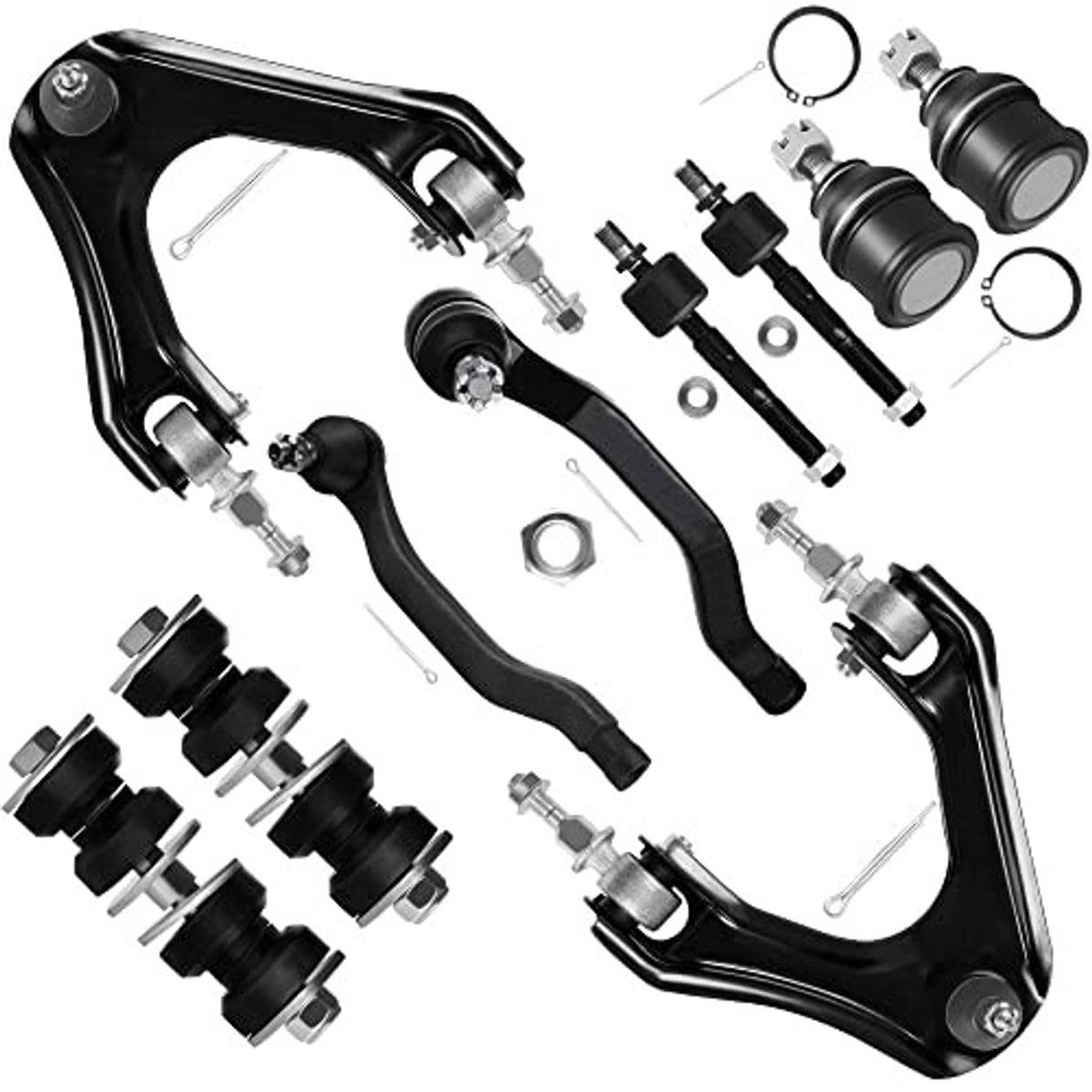 Front suspension control arm and tie rod end assembly, black arms with included hardware