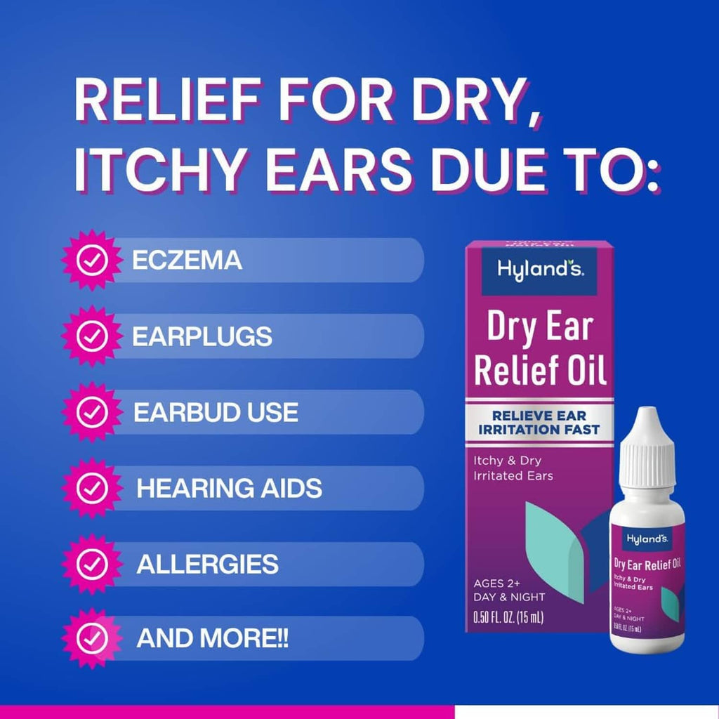 Ear relief oil bottle and box on blue graphic for dry, itchy ears