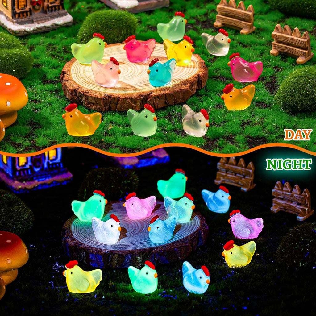 Glowing mini chicken figurines on grass, yellow, green, pink, blue, and orange