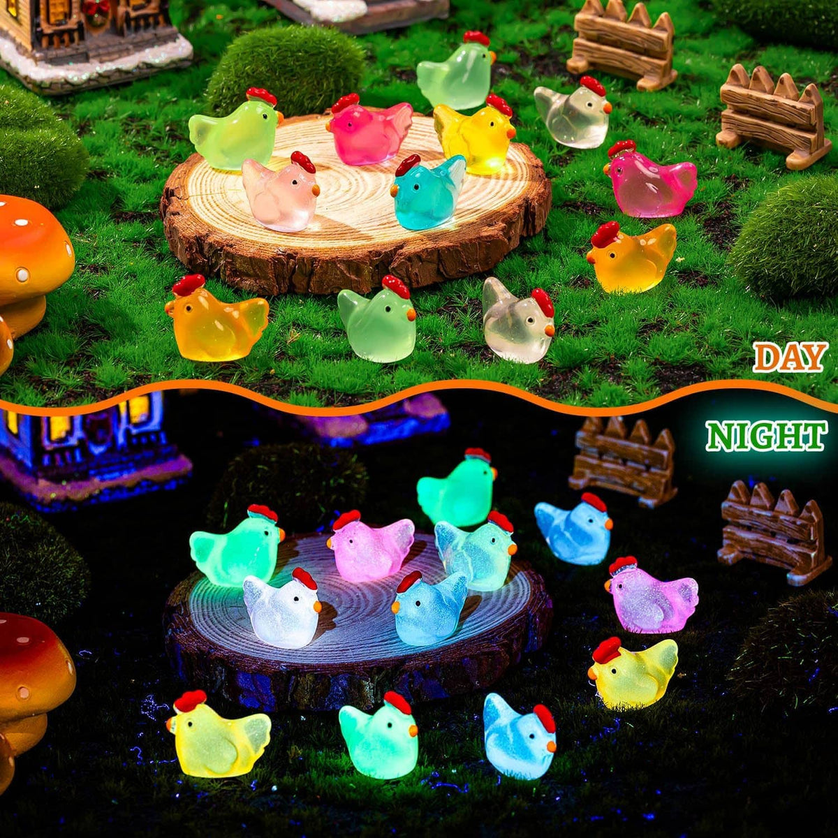 Glowing mini chicken figurines on grass, yellow, green, pink, blue, and orange