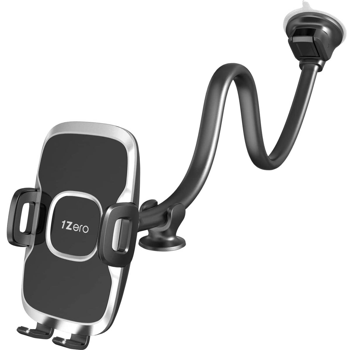 Phone mount with black clamp, silver ring, and flexible suction-arm base