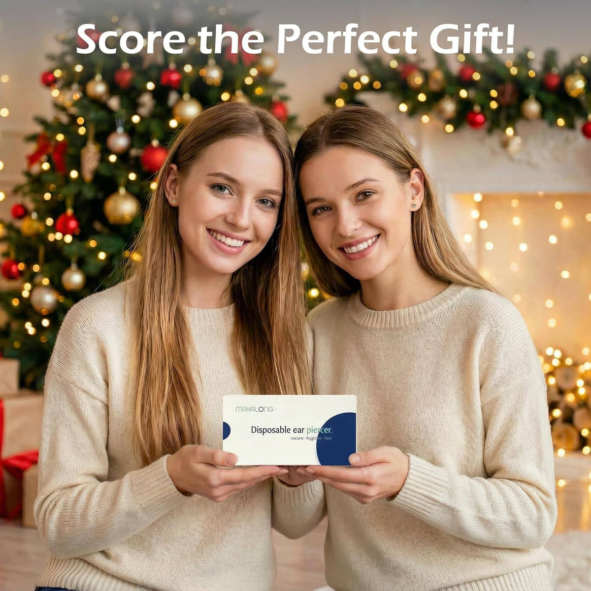 Disposable ear piercing kit card held by two women, showing stud earrings placement