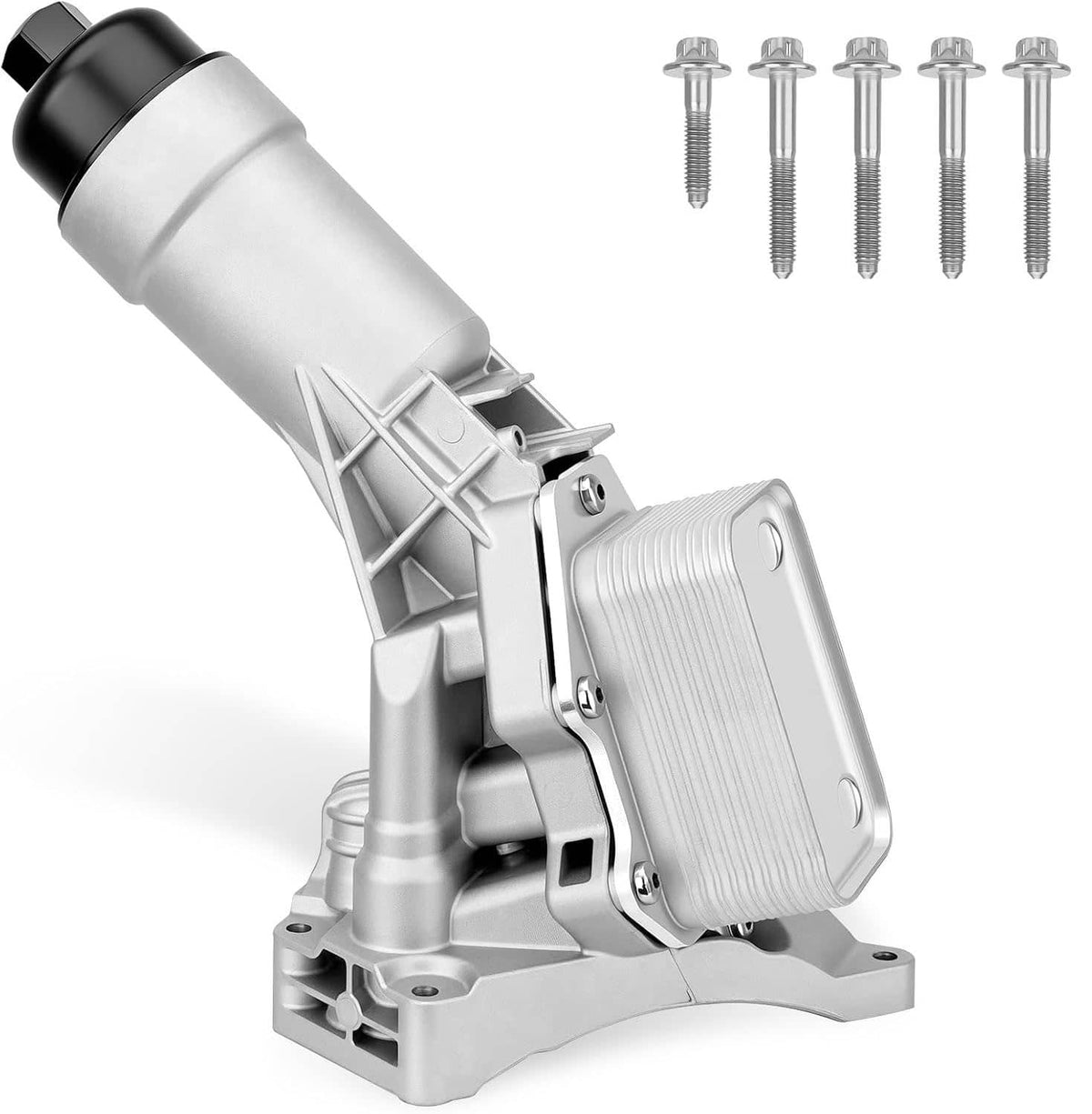 Oil cooler filter housing assembly with black cap, silver base, and attached heat-plate