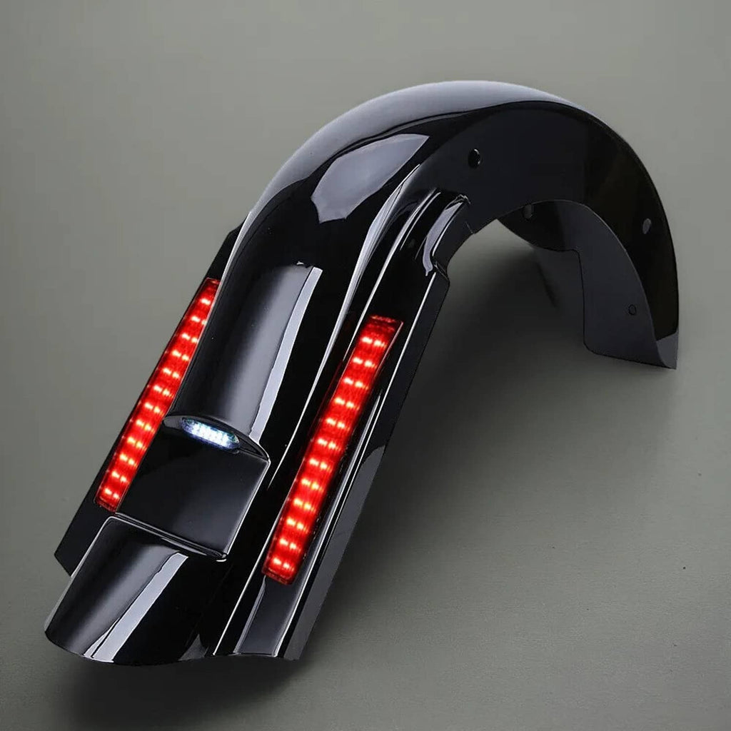 Extended black and chrome rear fender with red LED strips and small clear light