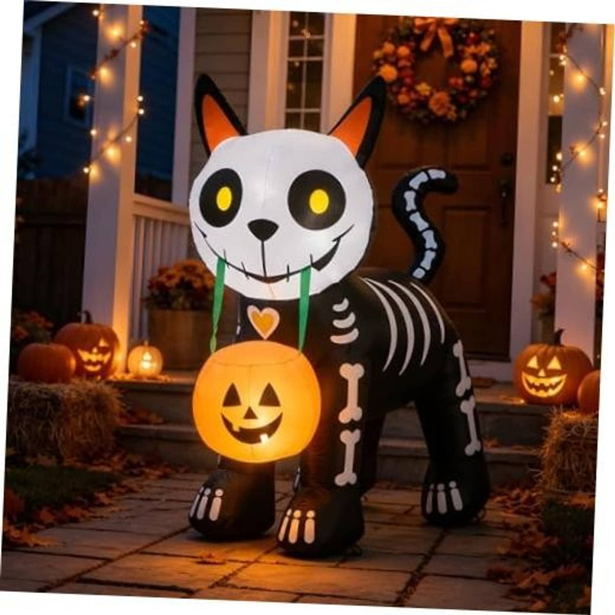 Front close-up inflatable black cat with glowing pumpkin lantern and stitched skeleton markings