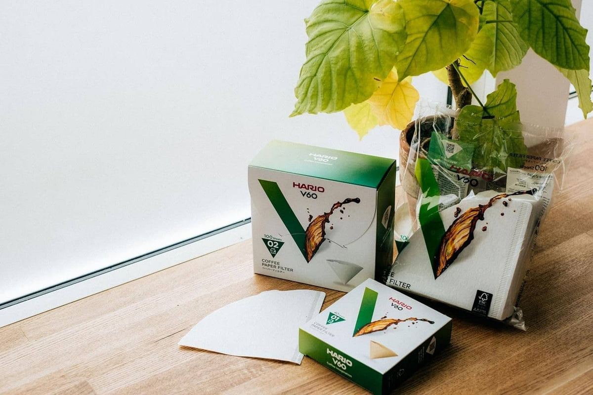 Natural V60 paper coffee filter packs, Size 02, with folded filter sheets
