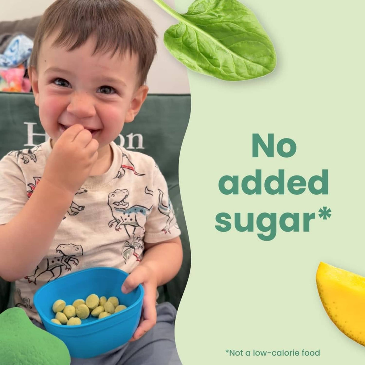 Toddler holding a bowl of Amara smoothie melts with no added sugar on-pack claim