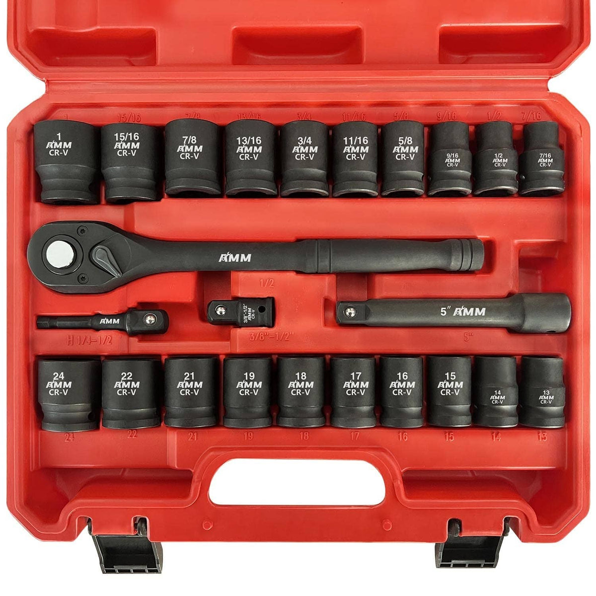 Black and red 1/2 in drive master impact socket set in plastic case