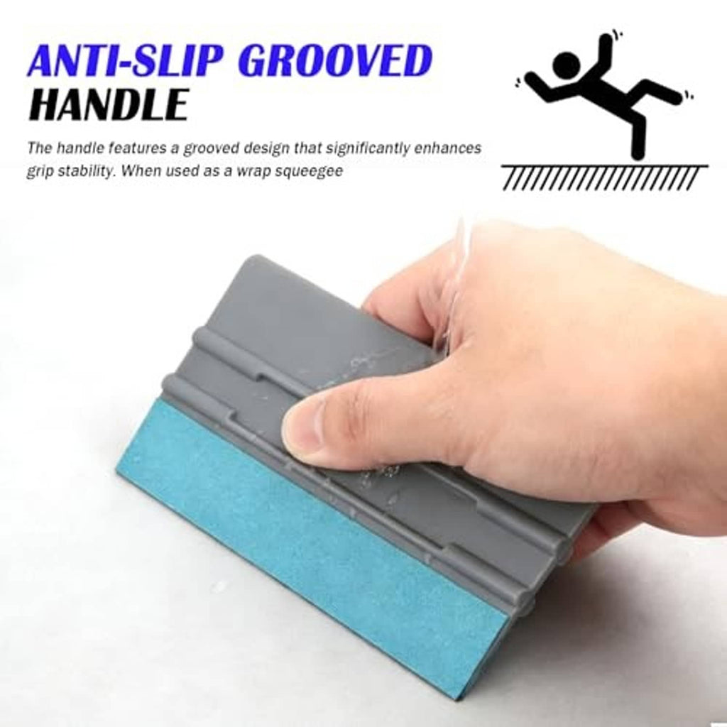 Gray grooved squeegee handle with teal felt pad for wrap and tint application