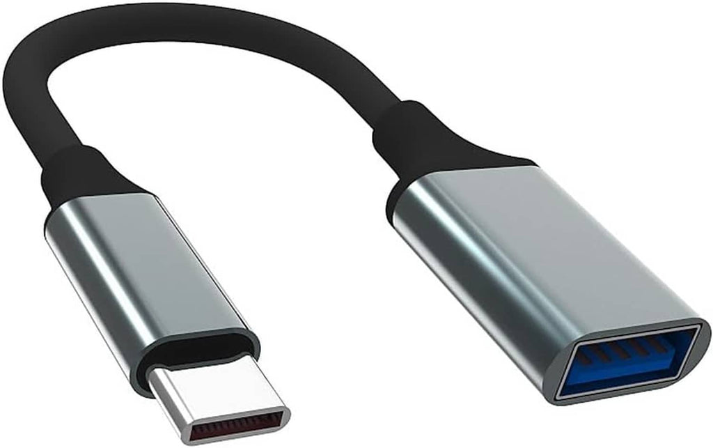 USB OTG adapter cable, silver connectors with USB-C input and USB-A output port