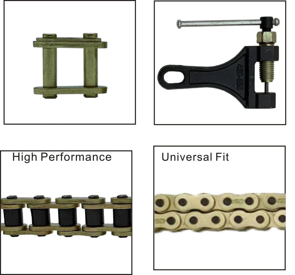 Gold motorcycle roller chain with chain breaker tool and link diagram panels
