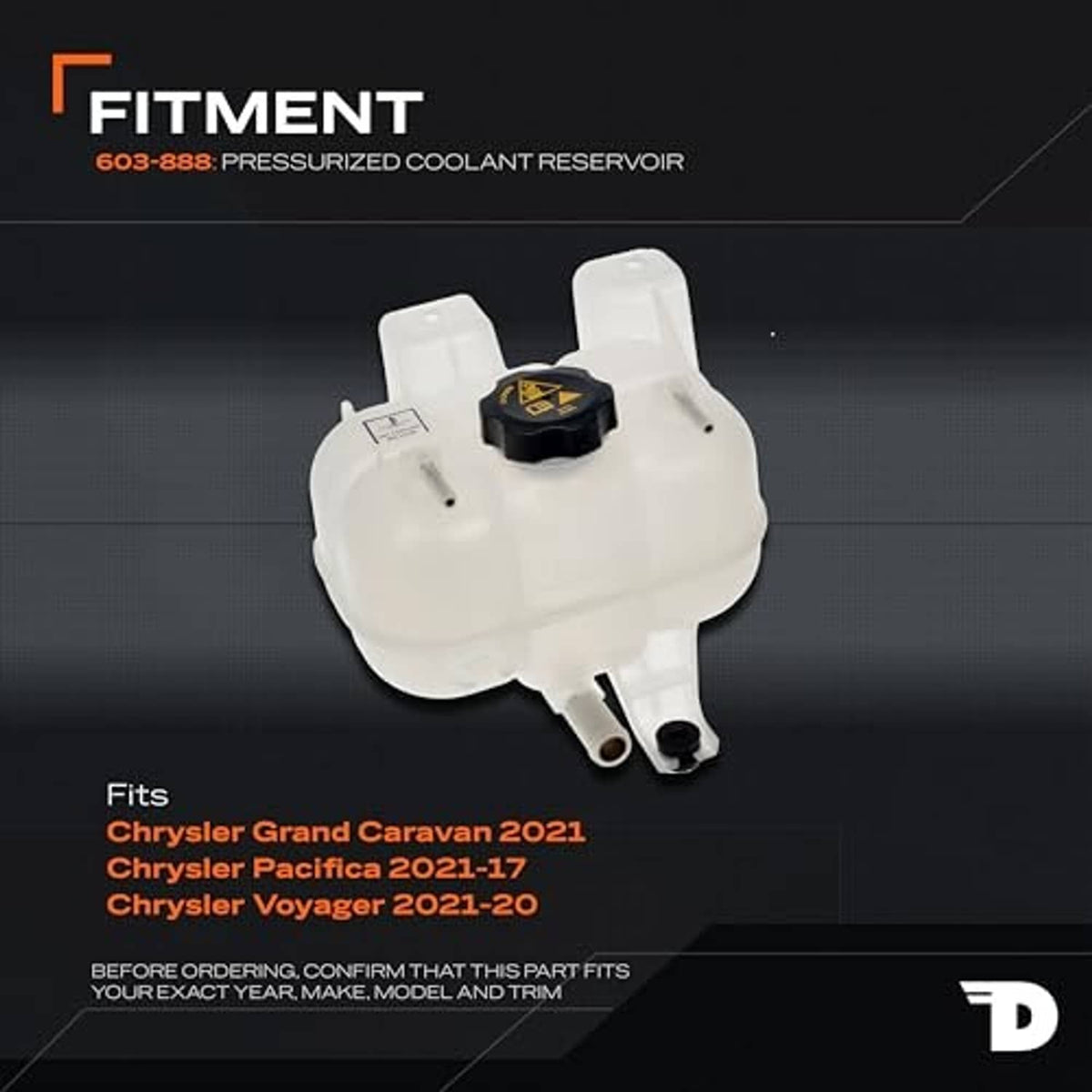 Pressurized coolant reservoir with cap shown on dark fitment graphic