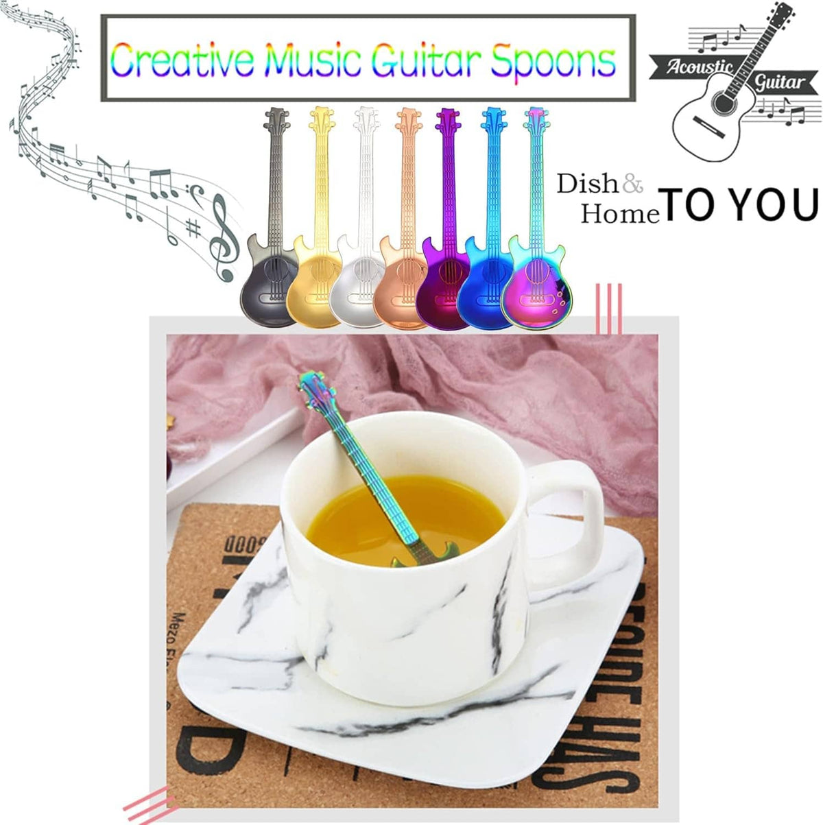 Guitar-shaped tea spoon resting in a white mug of tea on a saucer
