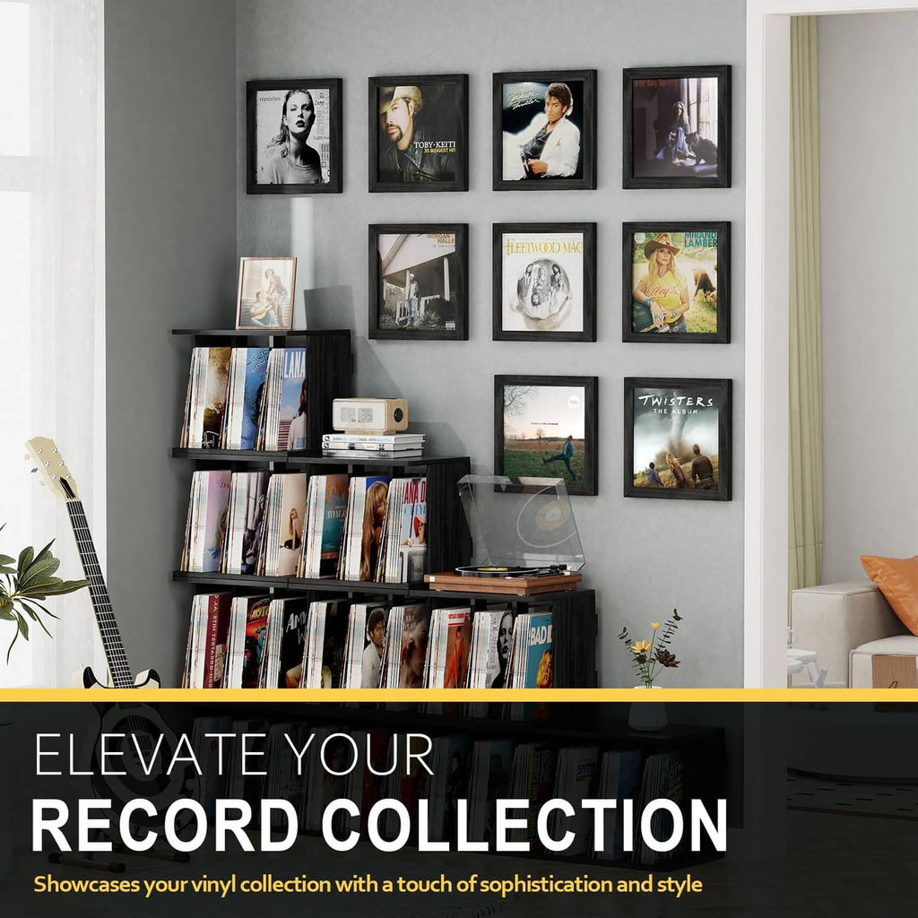 Multiple black square vinyl record frames for wall display of album covers