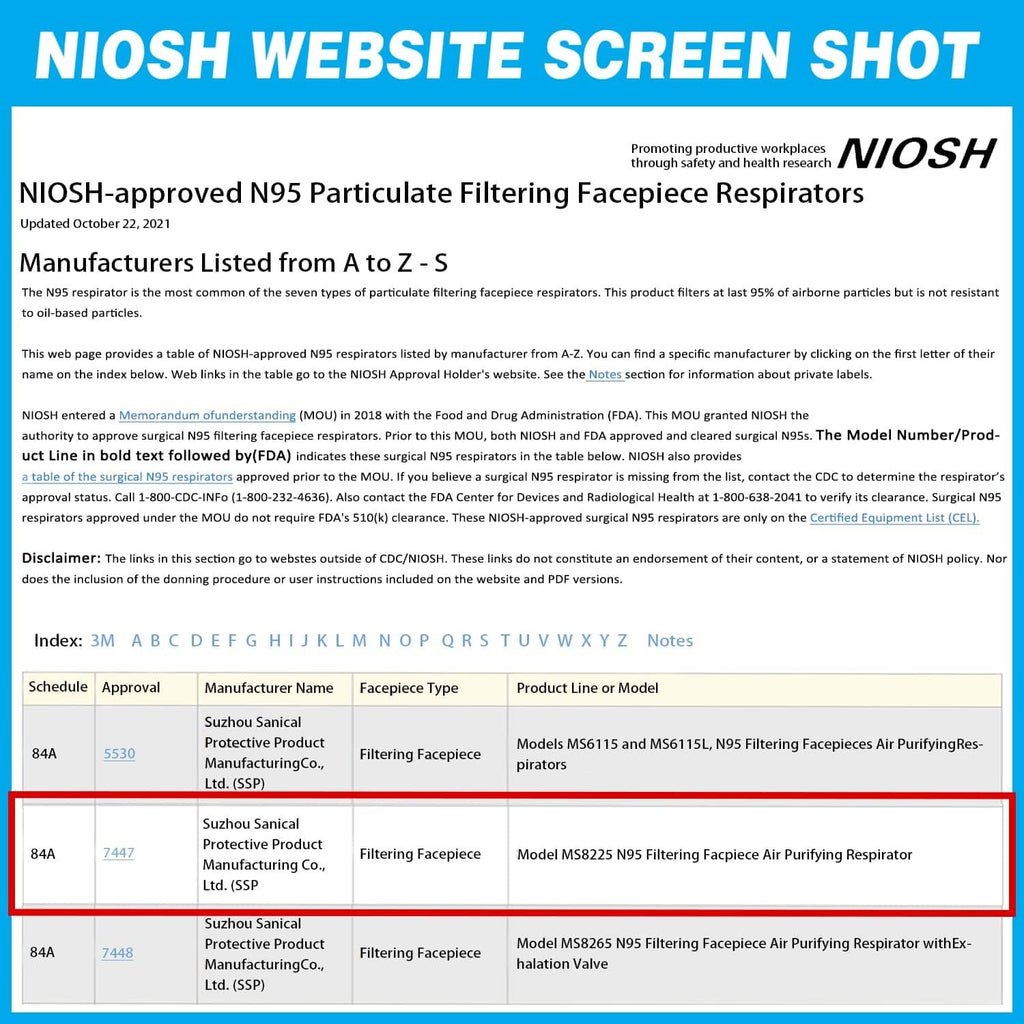 NIOSH website screen shot listing approved N95 respirator models and details