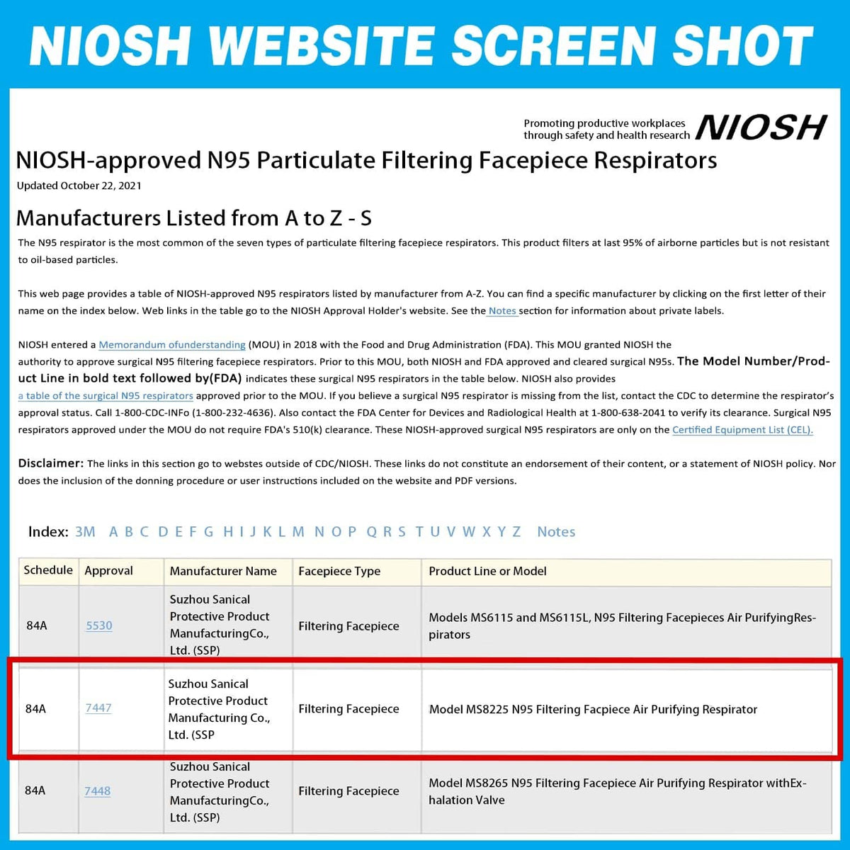 NIOSH website screen shot listing approved N95 respirator models and details