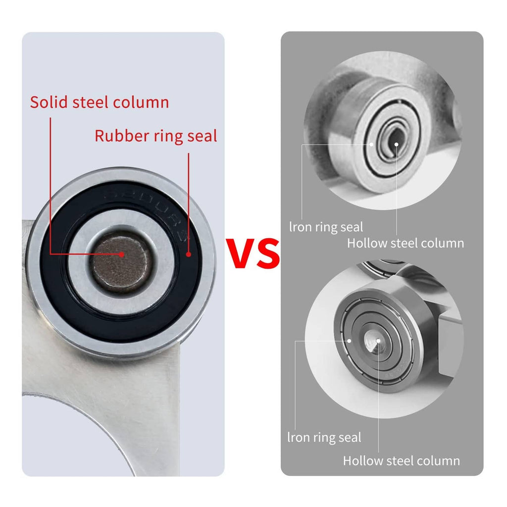 Wheel roller bearing assembly showing rubber ring seal versus iron ring seal